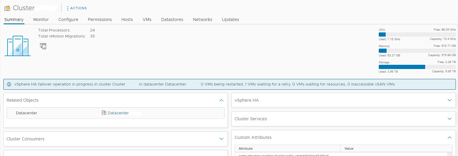 VMware error vSphere HA failover operation in progress in cluster xxxxx